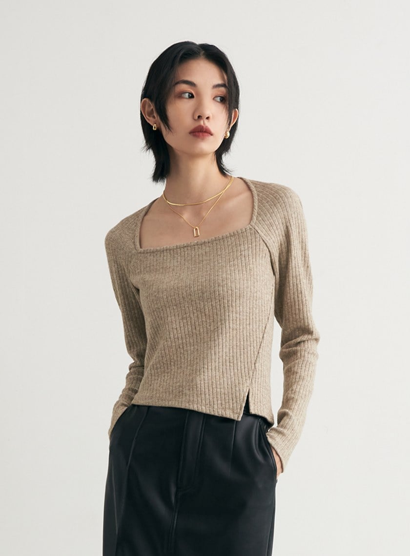 優雅方領坑條親膚長袖上衣